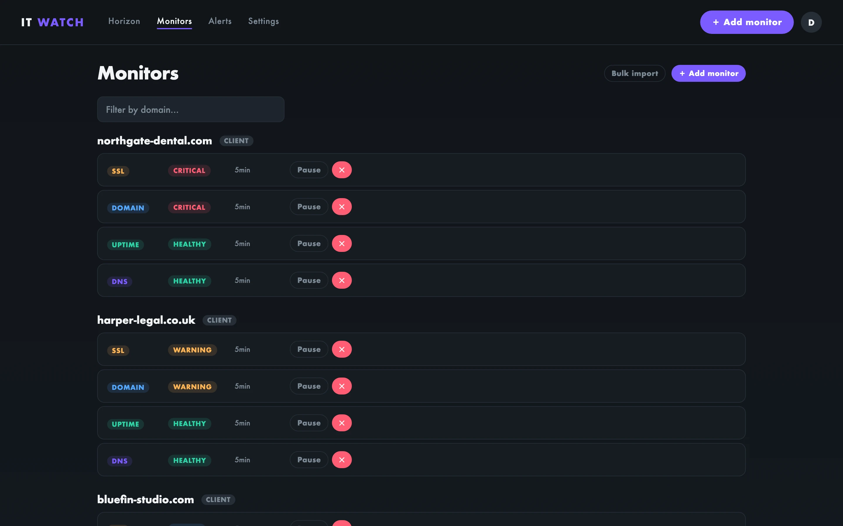 The IT Watch monitors list: every client site with its SSL, domain, uptime and DNS checks and their current status.
